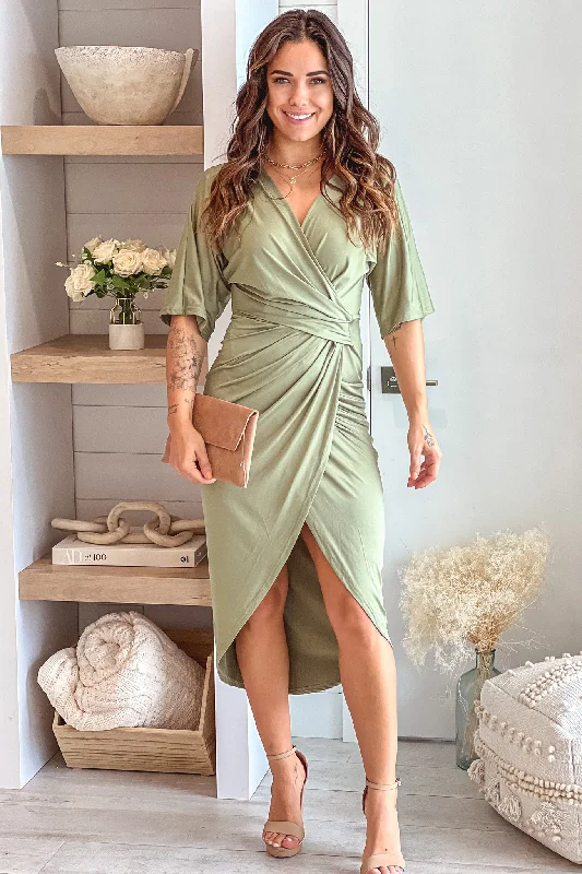 Olive Asymmetrical Ruched Dress