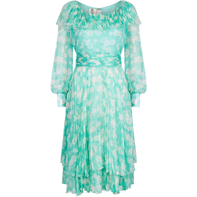 1970s Harry Algo Printed Green & White Silk Chiffon Dress With Ruffle Neckline