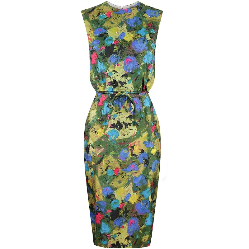 1960s Mardi Gras Embellished Silk Abstract Print Dress