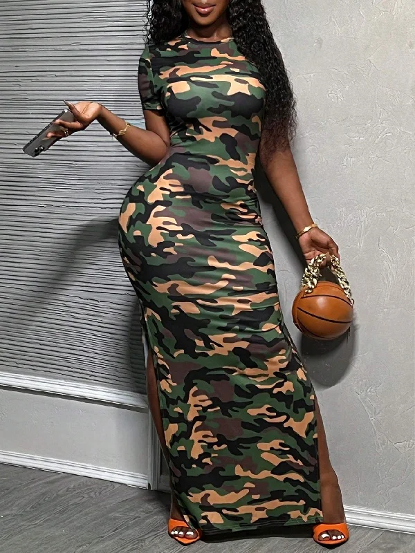 SLAYR SIMPLE AND CASUAL BASIC SEXY SMALL ROUND COLLAR CAMOUFLAGE PRINT LONG WOMEN DRESS WITH HIGH SIDE SLIT C