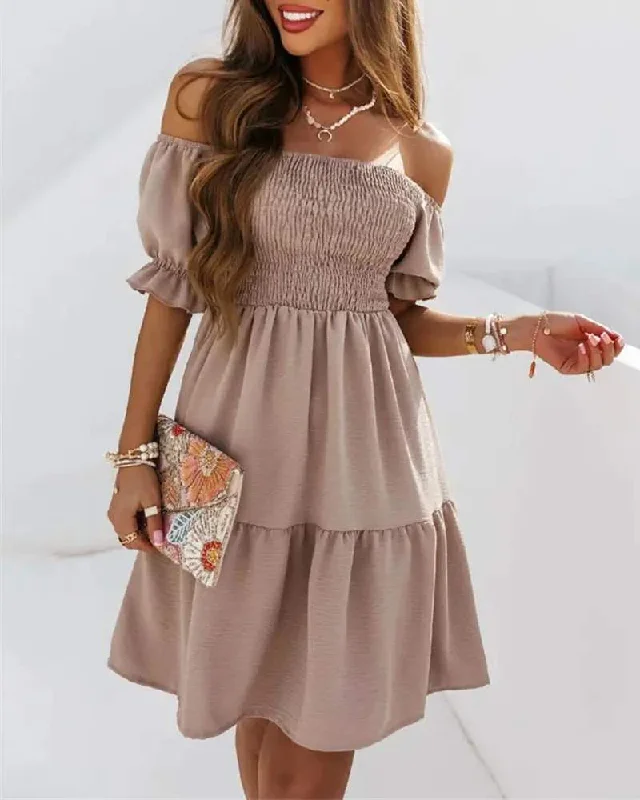 OFF SHOULDER SHIRRED FLOWY SWING DRESS