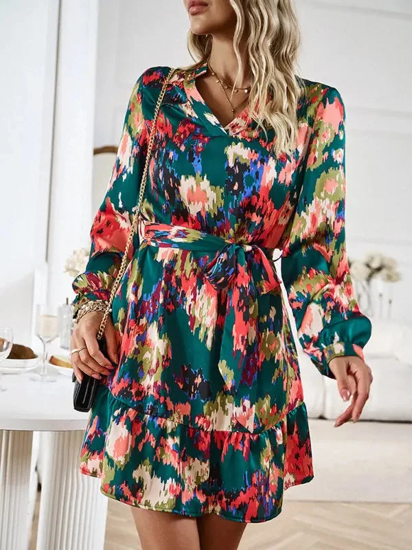 Blue Zone Planet |  Temperament and elegant V-neck printed waist dress with belt