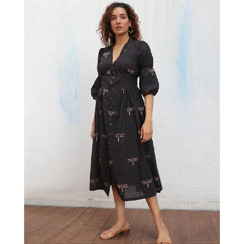 Chidiyaa Daydreaming In Monochrome Laid Black Printed Cotton Dress