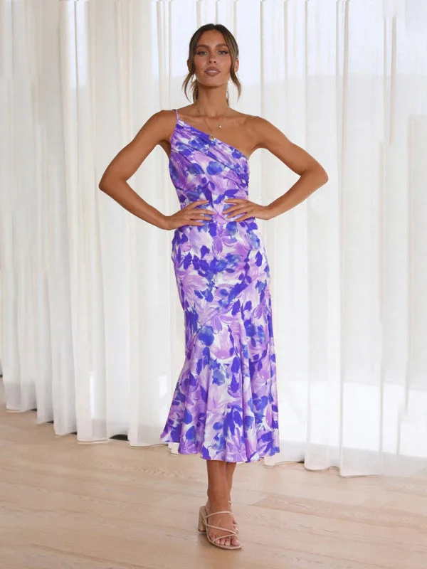 Blue Zone Planet |  Women's new slant neck suspender fishtail print dress