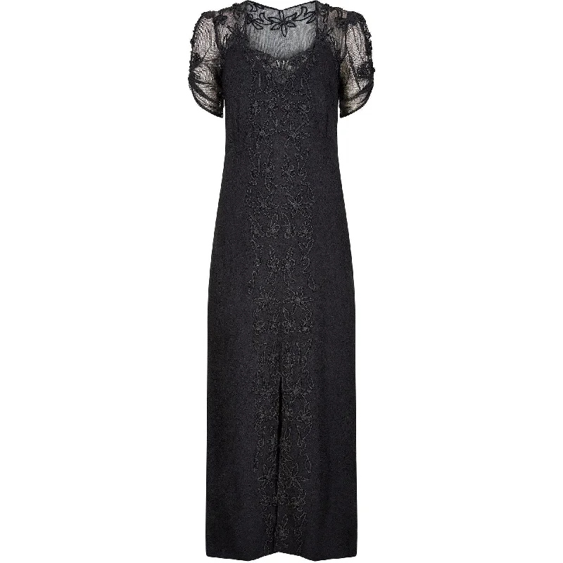 1930s Black Silk Crepe Dress With Floral Appliqué Embellishment