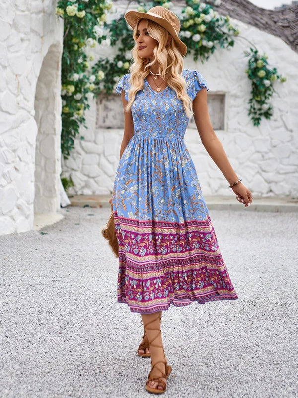 Blue Zone Planet |  Printed V-neck flying sleeve bohemian dress