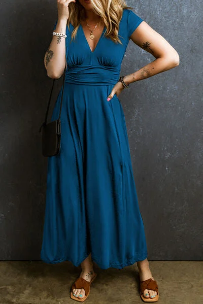 Blue Zone Planet |  Smocked V-Neck Cap Sleeve Dress