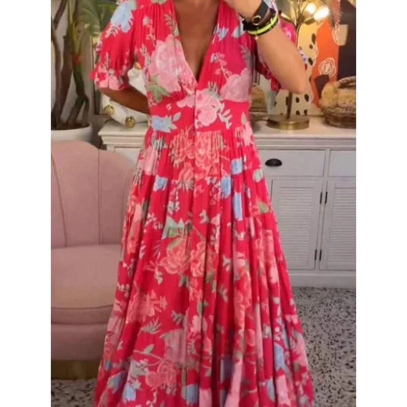 HIGH ELASTIC V NECK FLORAL DRESS SEASIDE HOLIDAY BEACH DRESS LOOSE