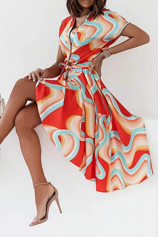 SHORT SLEEVES PRINT BELTED DRESS