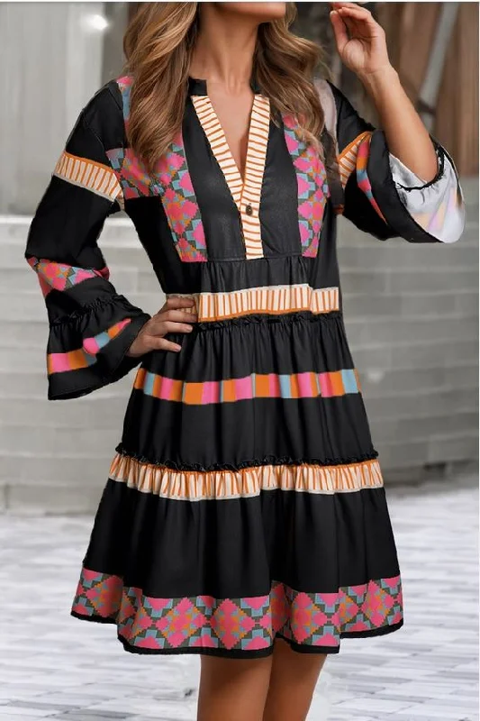 Black Aztec Print Button Ruffle Dress