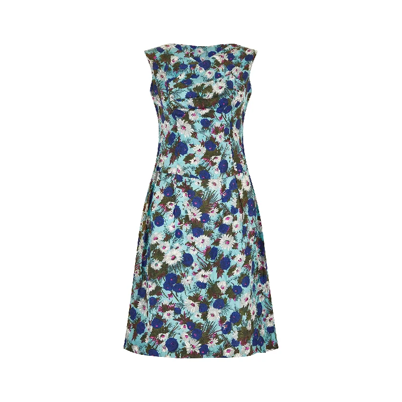 1950s Floral Silk Shift Dress with Cowl Neck