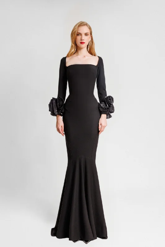 Squared-Neckline Floral Cuff Dress