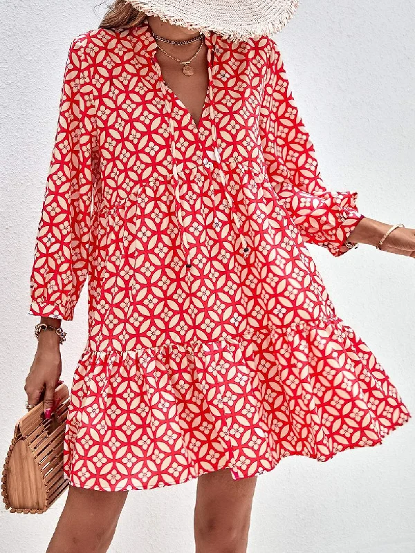 FLORAL PRINT TIE NECK SMOCK DRESS
