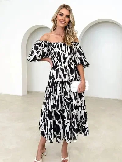 Blue Zone Planet |  Printed Smocked Off-Shoulder Tiered Dress