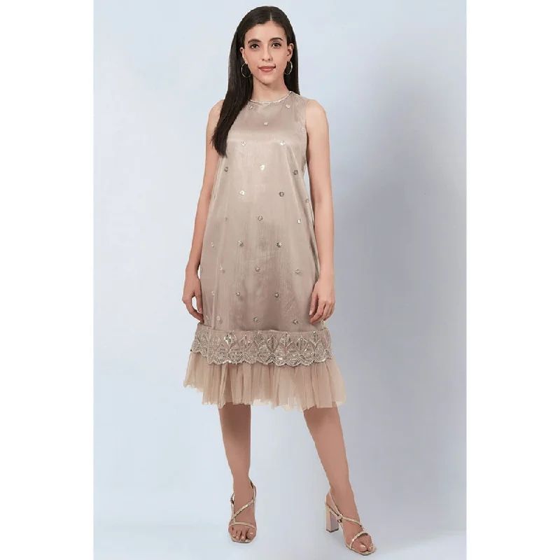 First Resort by Ramola Bachchan Beige Sequin Embroidered A-Line Net Dress