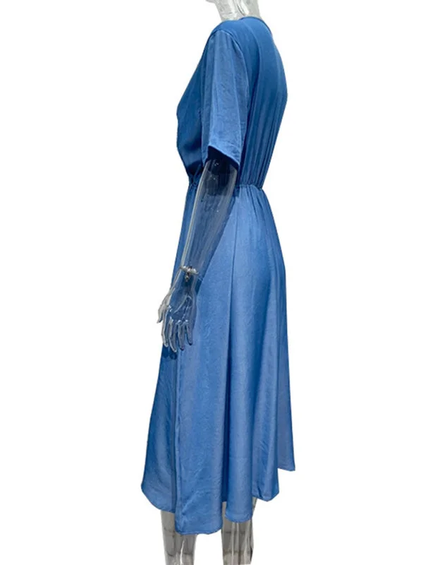 Blue Zone Planet |  short-sleeved V-neck waist solid color high-end dress without belt