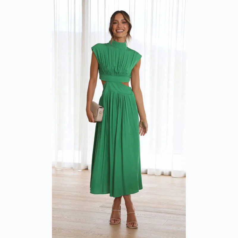 Blue Zone Planet |  Stand Collar Macaron Open Waist Pleated Long Dress