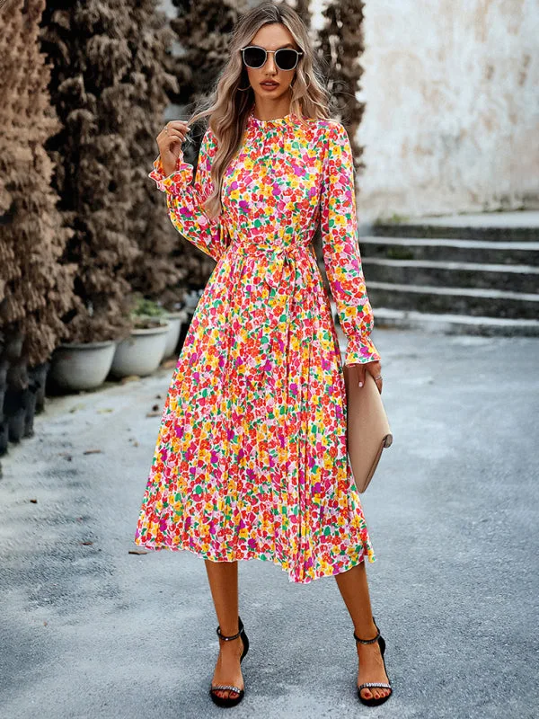 Blue Zone Planet |  Holiday round neck pleated belt printed dress