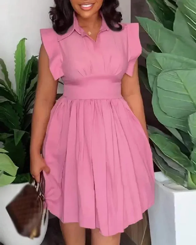 FLUTTER SLEEVE PLEATED CASUAL DRESS