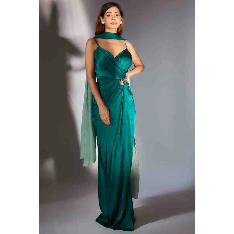 Masumi Mewawalla Teal Green Solid Draped Dress with Ombre Scarf (Set of 2)