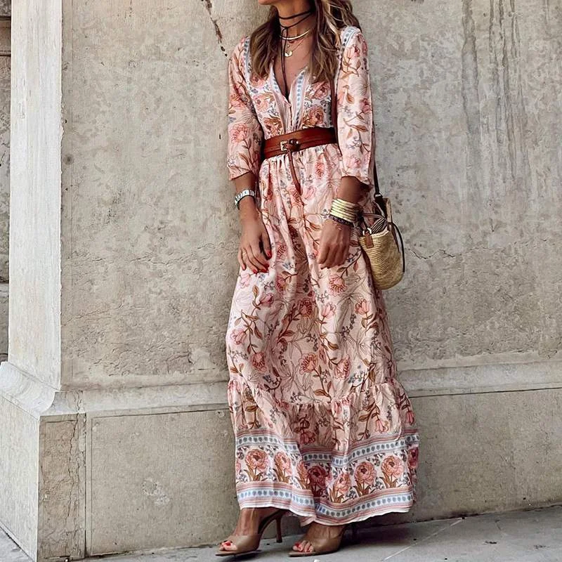 Floral Printed Wrap V Neck Beach Party Flowy Ruffle Long Dress