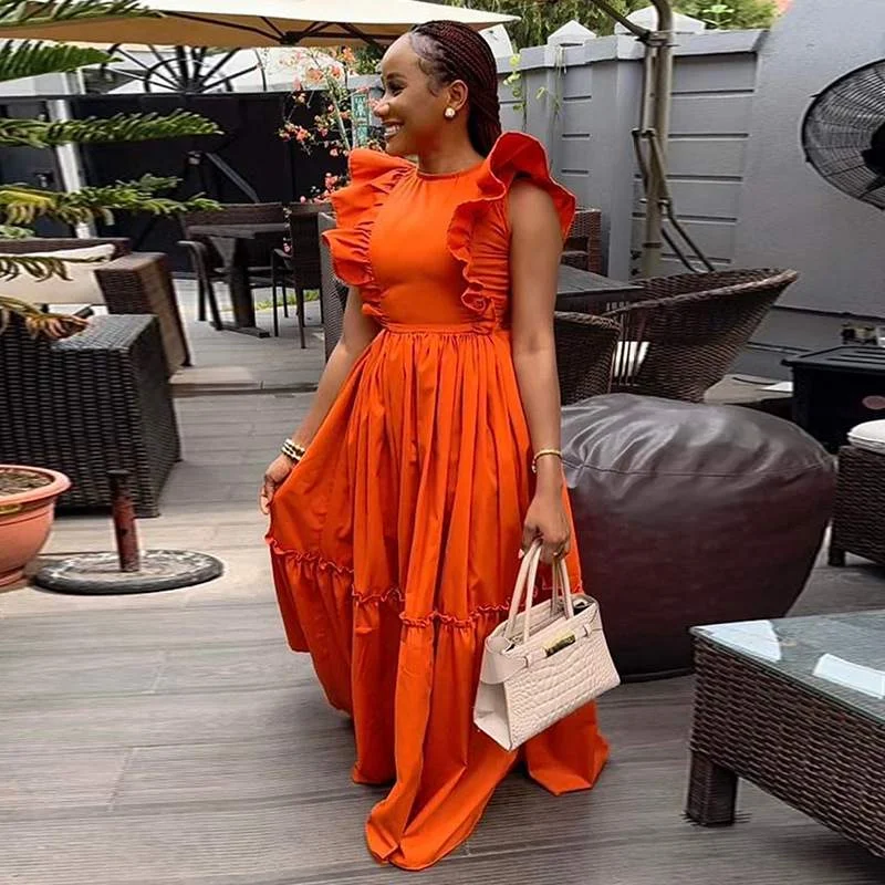 WOMEN S ELEGANT RUFFLED SHORT SLEEVE ROUND NECK TIGHT WAIST LONG LARGE SWING DRESS
