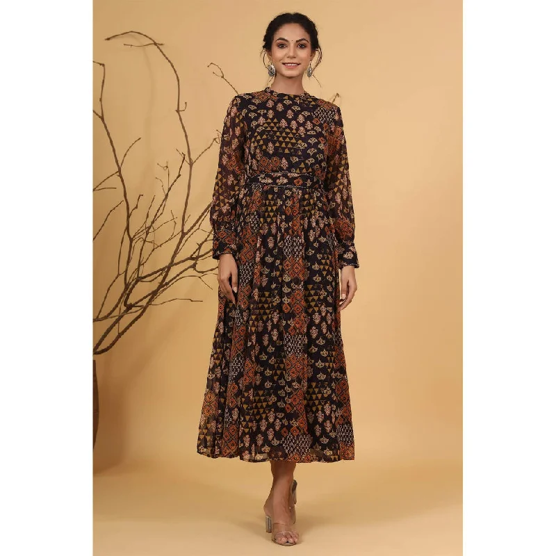 Juniper Multi Chiffon Flared Printed Dress With Tie-Up Belt