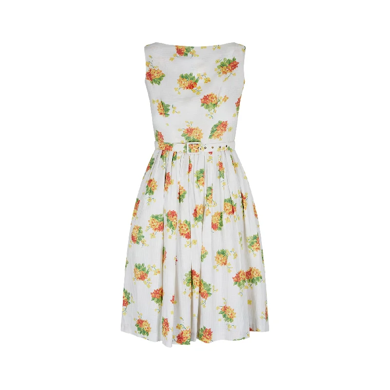 1960s Rhona Roy Waffle Cotton Floral Print Dress with Belt