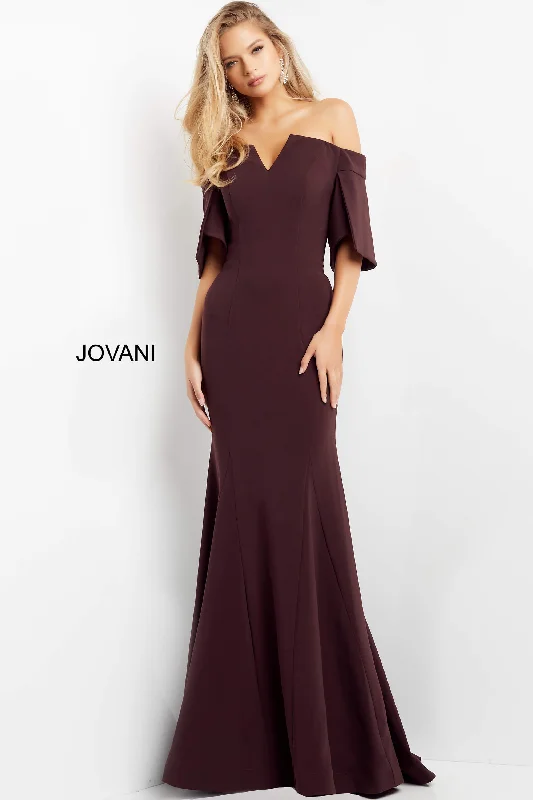 Split Sleeve Off The Shoulder Evening Dress Plum - Jovani