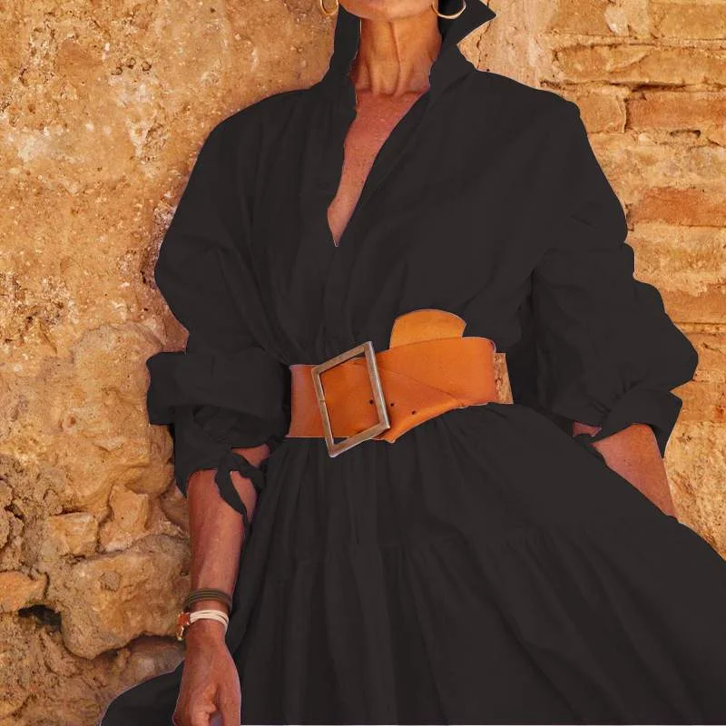 FASHION TEMPERAMENT LAPEL LONG SLEEVE CASUAL LONG DRESS