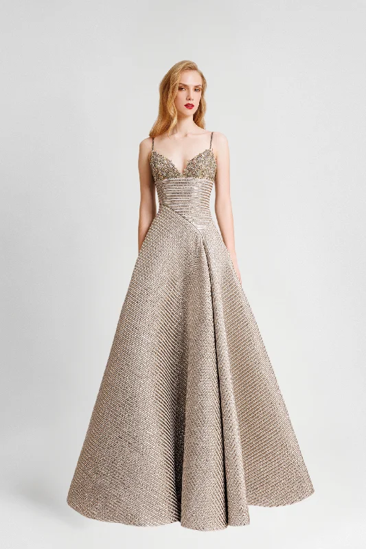 Beaded neckline sleeveless brocade dress