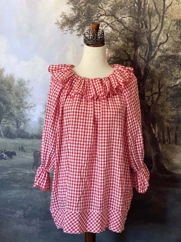 Countryside Cottage Red Gingham Tunic Dress with Ruffle Collar - Size L-XL