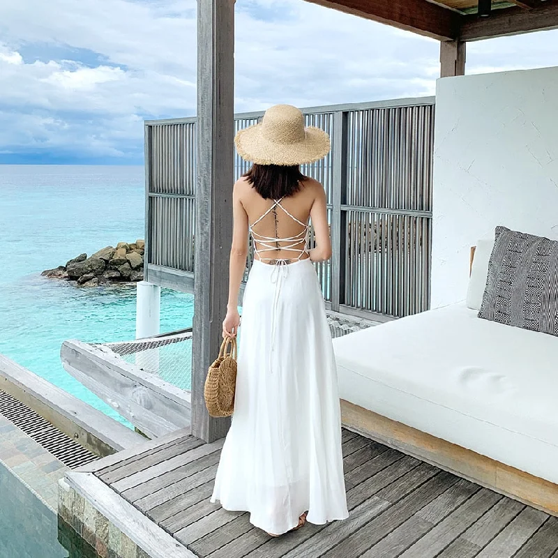 Summer Women Long dress Spaghetti Strap Maldives Sexy Backless Big Super Seaside Resort Dresses White 3290