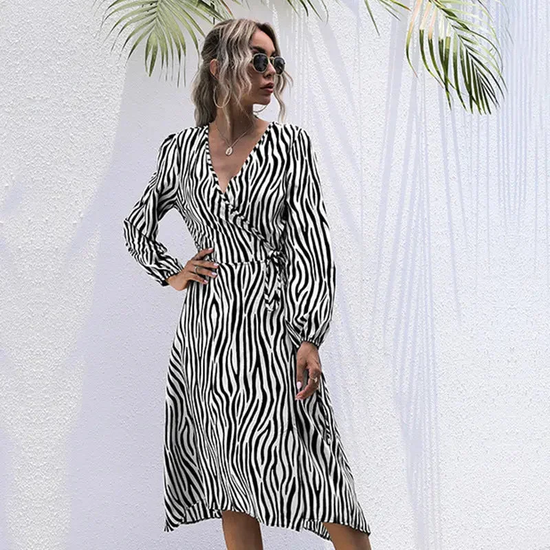Zebra pattern V-neck tie a long-sleeved dress