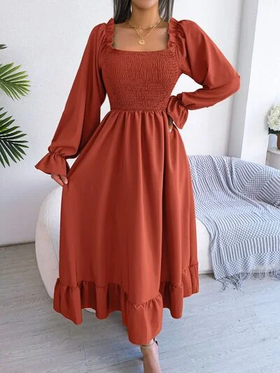 Blue Zone Planet |  Smocked Square Neck Flounce Sleeve Dress