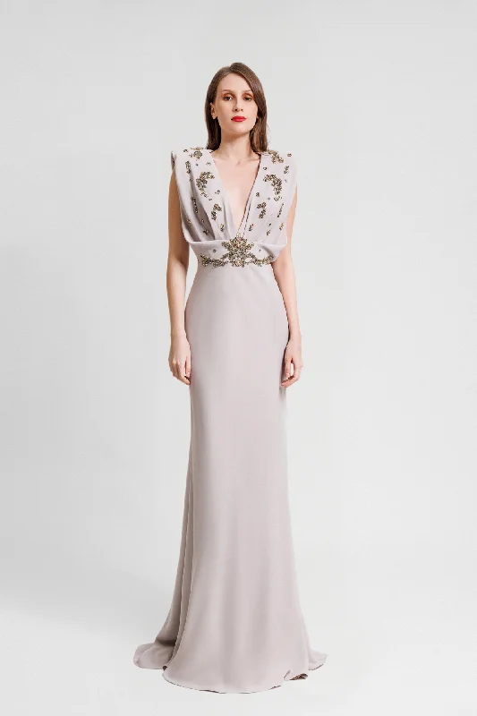 Deep V Neckline dress with beaded bodice