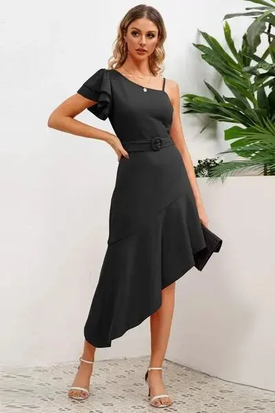 Blue Zone Planet |  Ruffled Asymmetrical Neck Flutter Sleeve Dress