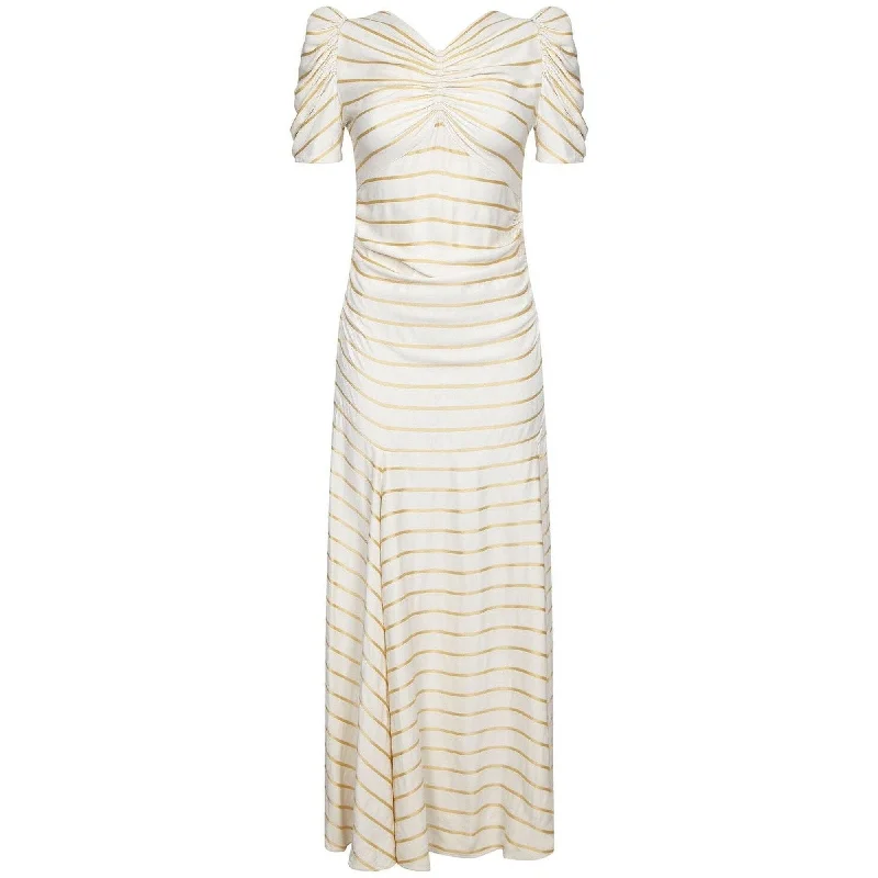 1930s Silk Dress With Sunburst Bodice and Gold Silk Thread Stripes