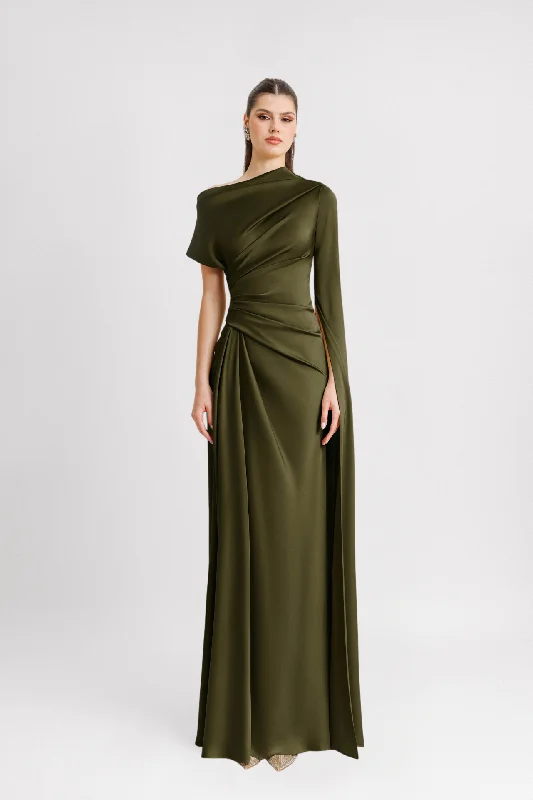 Asymmetrical Neckline green cape sleeve Dress