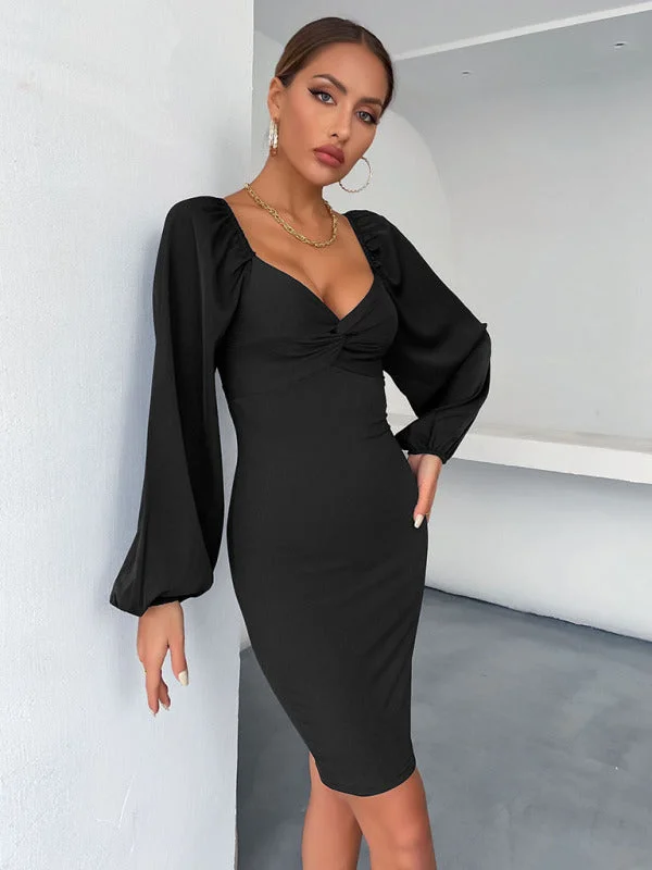 Blue Zone Planet |  Women's long-sleeved v-neck package hip dress dress