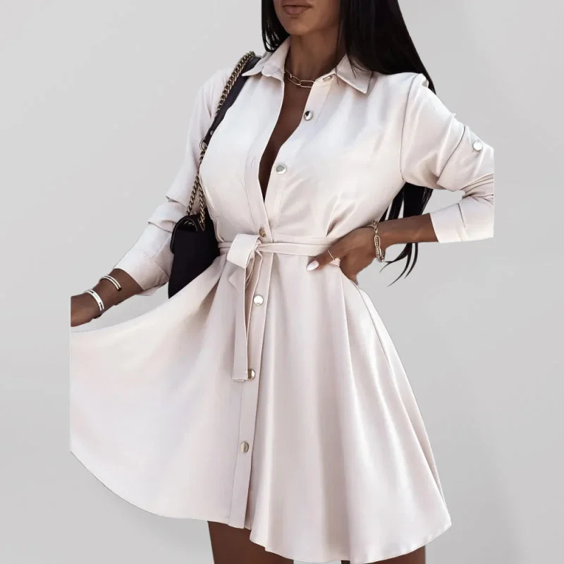 Blue Zone Planet |  Women's solid lapel button tie dress