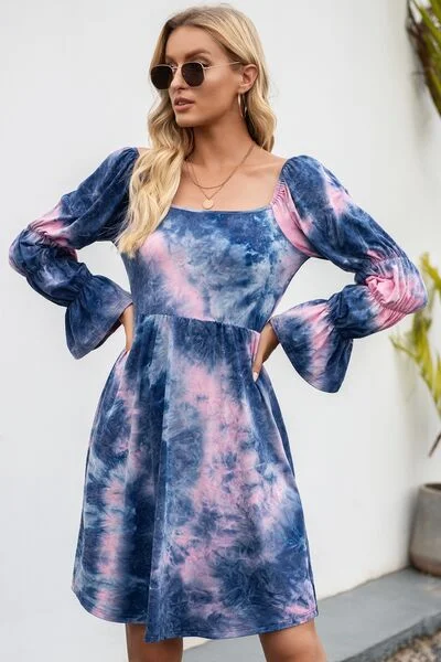 Blue Zone Planet |  Tie-Dye Square Neck Flounce Sleeve Dress