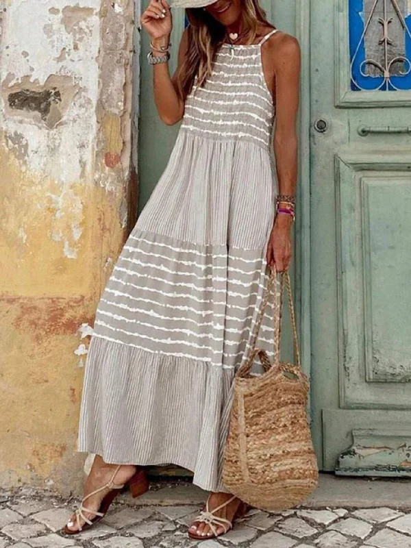 LUNE LEISURE STRIPED AND PRINTED SPLICE LONG SWINGING DRESS FOR VACATION