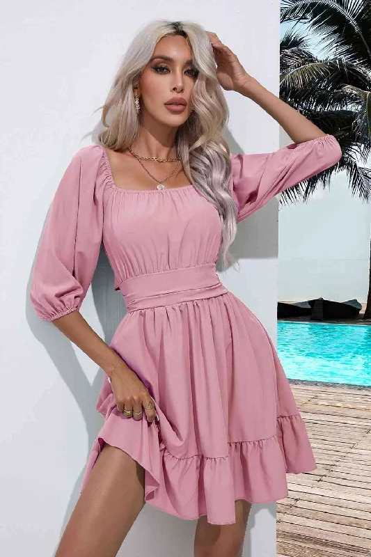 Blue Zone Planet |  Square Neck Tie Back Ruffle Hem Dress