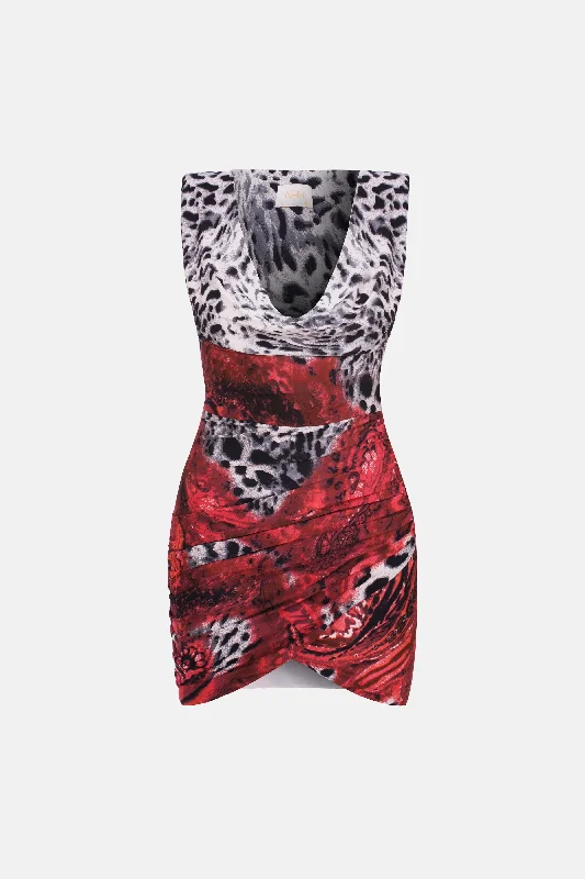 SCARLET COWL NECK DRESS / RED AND BLACK PATTERNED