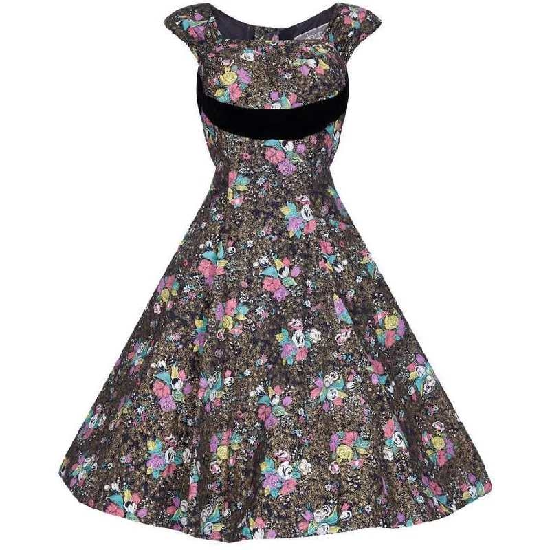 1950s Rose Print Cotton Dress With Black Velvet Bow