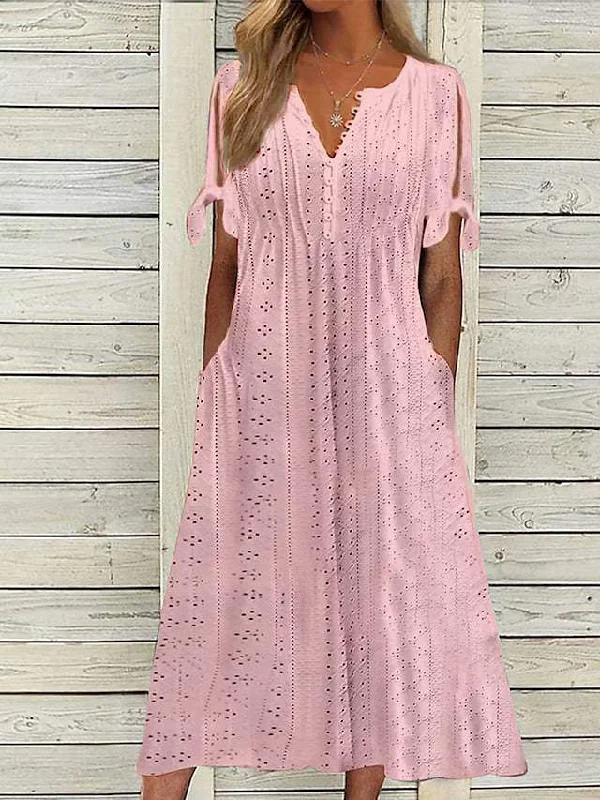 DRESS HOLE HOLLOW V NECK LACE FRILL