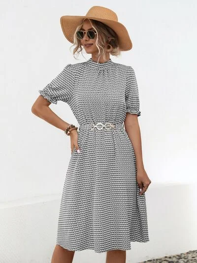 Blue Zone Planet |  Printed Mock Neck Flounce Sleeve Dress