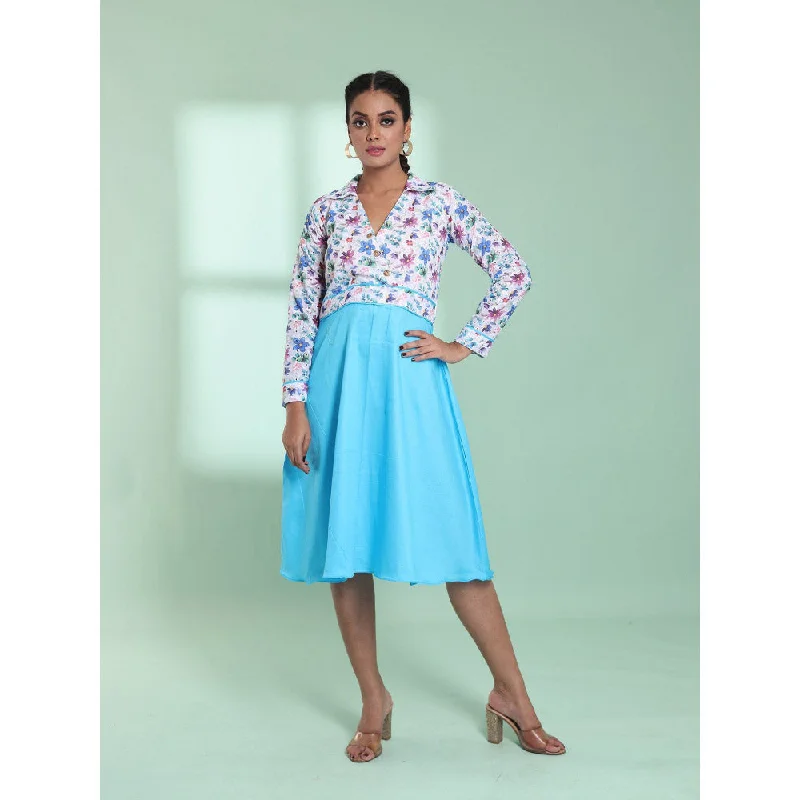 CHARUKRITI Sky Blue And White Cotton Flared Stitched Ethnic Dress With Chikankari Work
