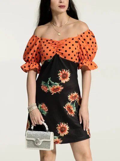 Blue Zone Planet |  Ruched Polka Dot Flounce Sleeve Dress